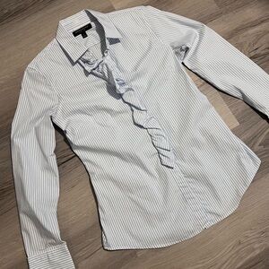 Women’s Banana Republic Blue and White Striped Riley Dress Shirt with Ruffles
